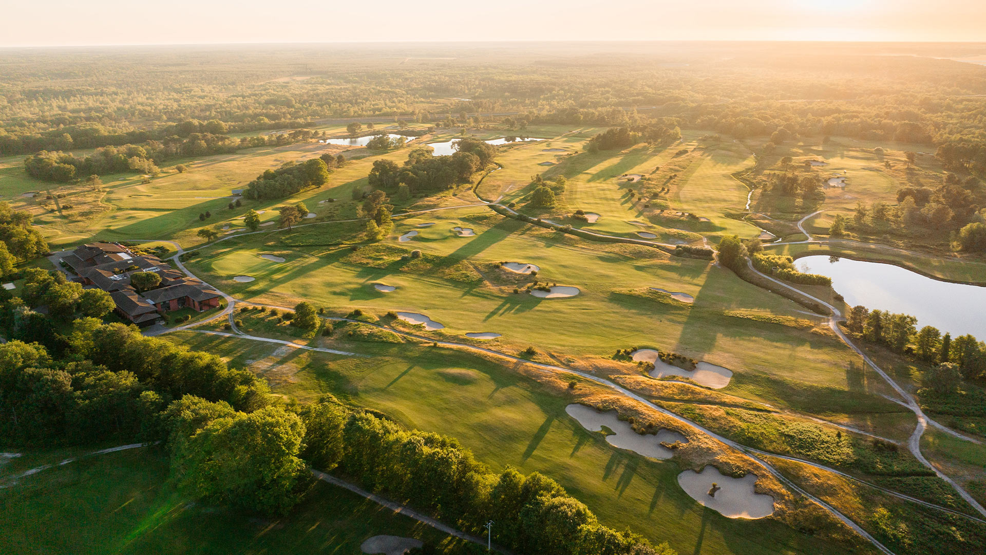 Aerial view of Cabot Bordeaux golf course at sunset