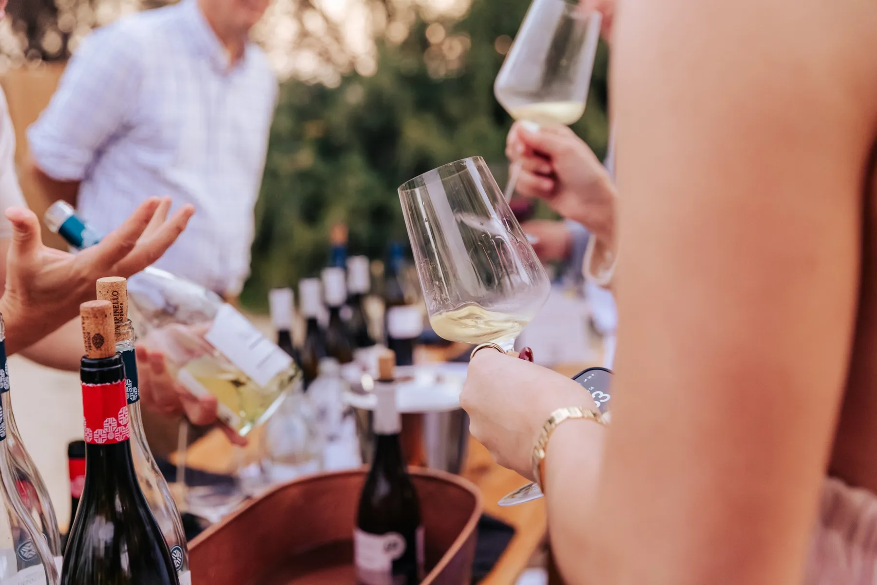 Members comparing white wines at a tasting table